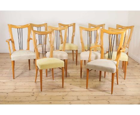 A set of ten Italian sycamore harp-backed dining chairs,1950s, attributed to Paolo Buffa, each back with three central spindl