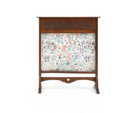 A Lakes School Arts and Crafts mahogany firescreen,by Arthur Simpson, the top with a carved frieze of stylised Tudor roses, t