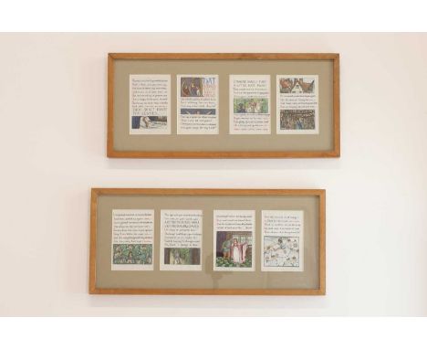 Two illuminated manuscript panels, in the Pre-Raphaelite manner, with double-sided panels depicting 'The Singing Leaves' by J