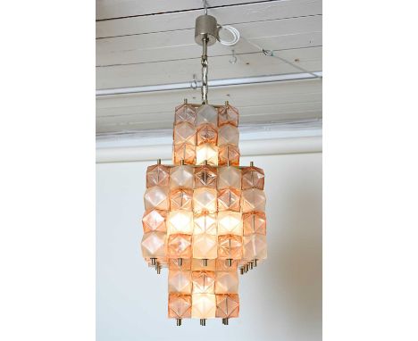 An Italian white, clear and pink glass hanging ceiling light, with three and four rows of cuboid blocks,29cm wide approximate