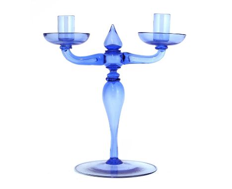 A Murano blue glass twin candlestick, 1920s, attributed to Vittorio Zecchin, raised on a circular foot,23cm highCondition Rep
