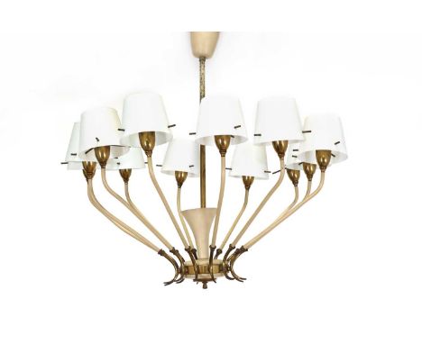 An Italian brass and painted ceiling light,1950s, with twelve branches, each fitted with a conical milk glass shade, 65cm dia
