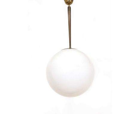 An Italian hanging pendant light, 1960s, with a brass ceiling mount with a tapered column to a milk glass globe, 40cm diamete