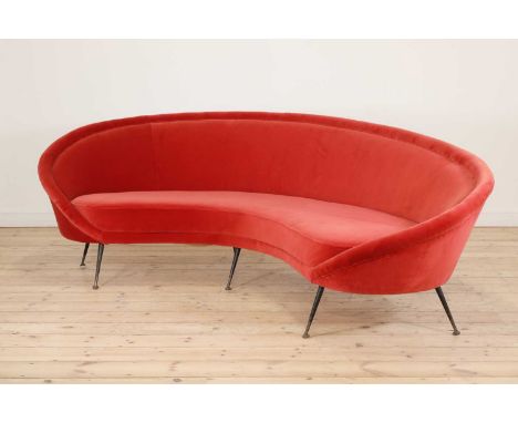 An Italian Modernist sofa,1950s, attributed to Federico Munari, upholstered in Edinburgh Weavers red velvet fabric 'Thriller'