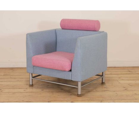 An 'Eastside' armchair,designed by Ettore Sottsass for Knoll, with Harris Tweed, pink and blue wool upholstery, raised on a g