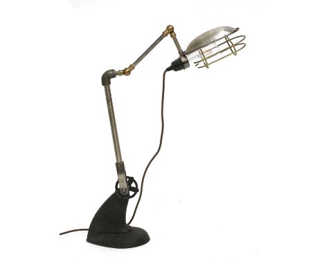 A reclaimed industrial metal Anglepoise reading lamp, with a cage shade, raised on a cast base, 65cm high approximatelyCondit