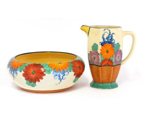 A Clarice Cliff 'Gayday' Athens jug,1930s, designed by Clarice Cliff for Wilkinson Ltd., of octagonal form, with faceted side