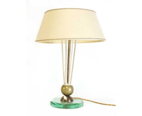 A FontanaArte table lamp,with a painted tapered wire support on a ball, mounted on a glass plinth, fitted with two lights,46c