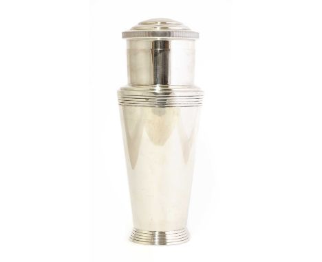 A silver-plated cocktail shaker,designed by Keith Murray, maker's marks for Mappin and Webb, of conical form with horizontal 