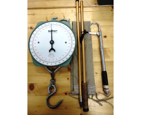 FISHING ACCESSORIES including an interesting wading stick in two sections in a canvas bag, a set of Salter scales model numbe