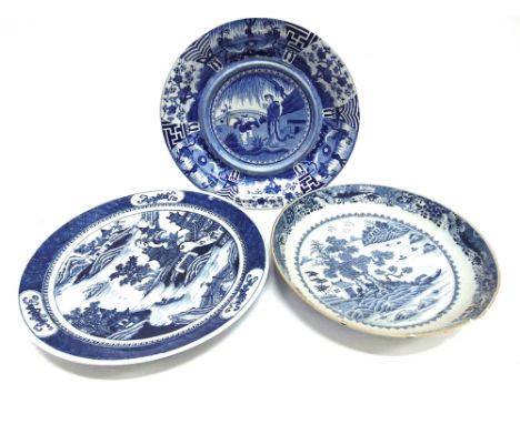 A CHINESE EXPORT CHARGER  decorated with boats in a coastal landscape, 34cm diameter (old repairs), a Spode plate with transf