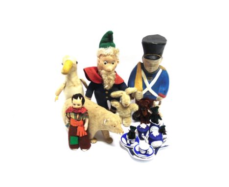 ASSORTED DOLLS, SOFT TOYS & OTHER ITEMS  comprising a felted cloth gnome, 33.5cm high; a small Lenci Style cloth cowboy, 19cm