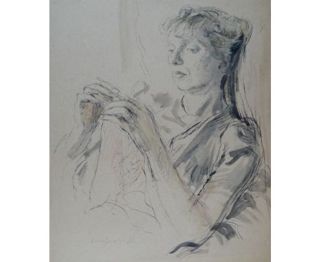 PERCY DRAKE BROOKSHAW (1907 - 1993)  Portrait of a Reclining Female, knitting or sewing, signed and dated '42' (1942) mixed m