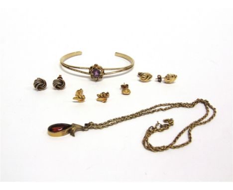 FOUR PAIRS OF EARSTUDS  a gilt metal bangle; and a pendant on chain 
