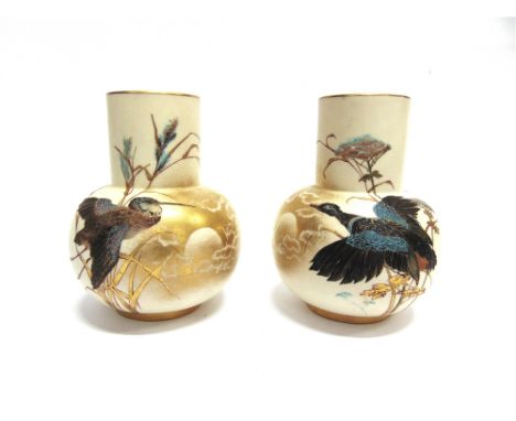 A PAIR OF VICTORIAN ROYAL WORCESTER VASES  painted decoration of birds with gilt highlights, puce printed marks and incised m