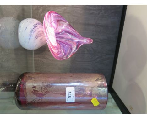 An Isle of Wight red glass cylindrical vase with gold leaf design, 23cms high, and a Jack in the Pulpit shaped purple and whi