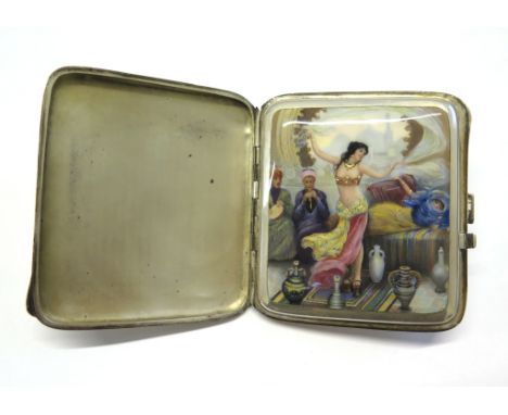 A 1920's German silver cigarette case with an enamel scene depicting an Egyptian cafe with a belly dancer, 9cm high 