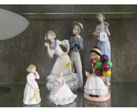 Royal Doulton Figures: Balloon Girl HN2818, Daddy's Girl HN3435, Ninette HN3215 and two Nao figures