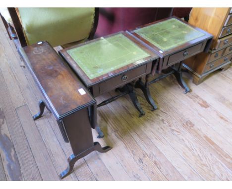 A mahogany Sutherland table with cabriole legs 61cm wide, and two reproduction miniature sofa tables