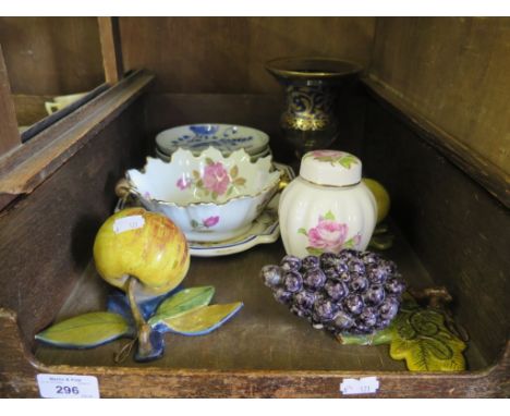 Three pottery wall ornaments in the form of fruit, a gilded glass vase, and other ceramics