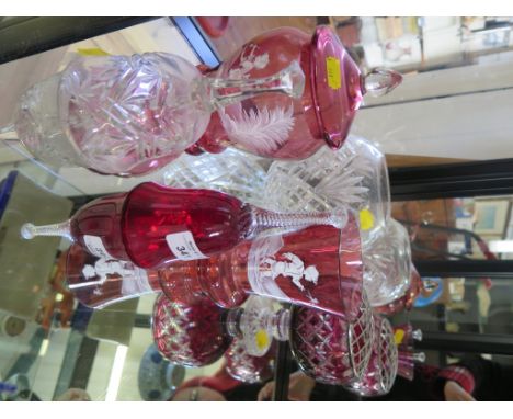 A Mary Gregory style cranberry glass vase, a similar jar and cover, and other cut glass ware