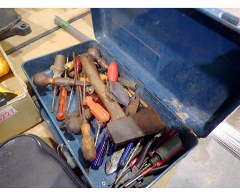Box of mixed tools, including a hand axe. Not available for in-house P&amp;P