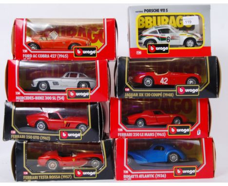 1:24 BURAGO: A collection of 8x 1:24 scale Burago boxed diecast model cars - Jaguar, Bugatti, Ferrari etc. Each within the or
