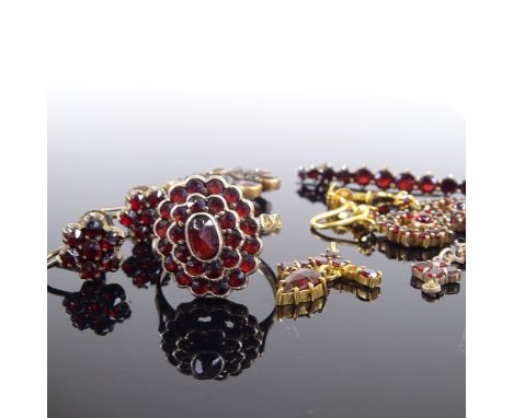 Various gilt metal faceted garnet jewellery, including ring, brooch, earrings and pendant, ring size O, circular brooch diame