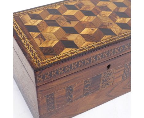 A Victorian Tunbridgeware rosewood tea caddy, with cube parquetry decorated lid and micro-mosaic bands, inner lids, width 20c