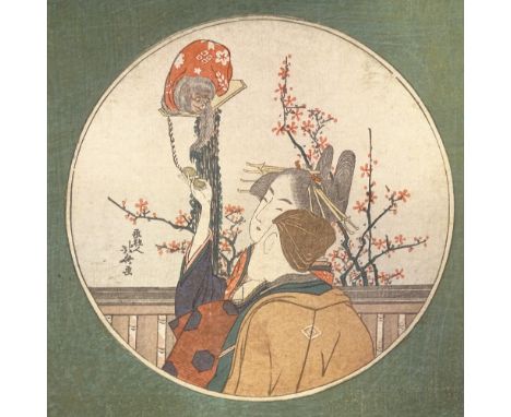 After Hokusai, Japanese woodblock print, 2 figures and monkey, sheet size 7.5" x 7" 