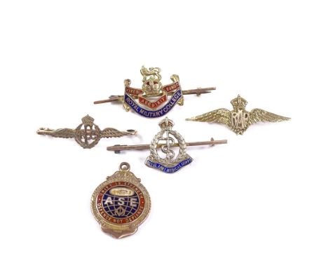 A group of 5 9ct gold brooches, including RFC and RAF sweetheart examples, Royal Military College and Royal Army Medical Corp