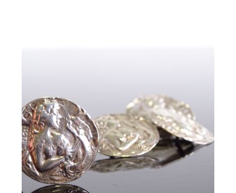 An Edwardian Art Nouveau set of 4 silver buttons, relief embossed decoration of lady playing harp, by King & Sons, hallmarks 