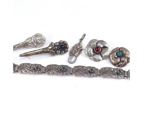 Various Danish Art Nouveau stylised silver jewellery, including green stone panel bracelet and moonstone pendant, bracelet le