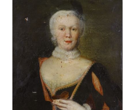 Circle of Antoine Pesna, 18th century oil on canvas, portrait of a lady wearing a black feather in her hair and a ruff, unsig