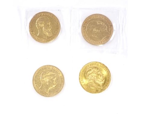 4 German/Prussian gold 20 Deutsch Mark coins, Wilhelm II 1889, Friedrich 1888, 2 x Wilhelm 1873, Approx 8g eachAll coins have