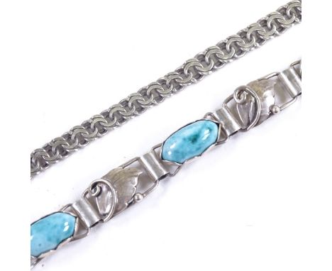 A Vintage C A Christensens Danish silver and ceramic panel bracelet, length 19cm, and a Danish unmarked silver graduated flat