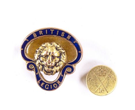 A 9ct gold blue enamel British Legion badge, and an unmarked gold 16th Queen's Lancers badge, largest height 19.6mm, 6.6g tot