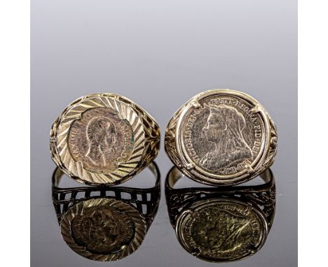 2 9ct gold coin inset rings, including Mexican and Victorian coins, setting height 15.1mm, sizes J/K and O, 5.5g total (2)Bot