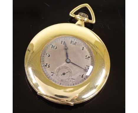 An Art Deco 18ct gold open-face top-wind slimline pocket watch, Deco Arabic numerals with subsidiary seconds dial and blued s