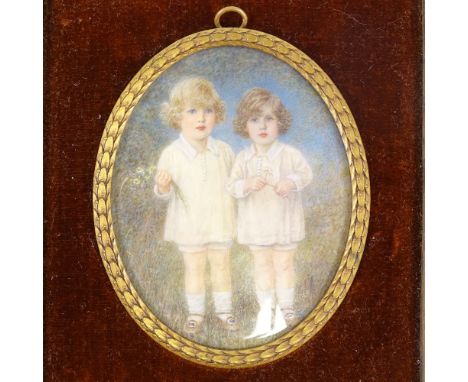 An early 20th century miniature watercolour on ivory, portrait of 2 young boys, by Nora Bourne ARMS, in gilt-metal leaf desig