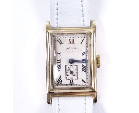 LONGINES - an early 20th century 9ct gold mechanical wristwatch, circa 1930s, silvered dial with painted Roman numeral hour m
