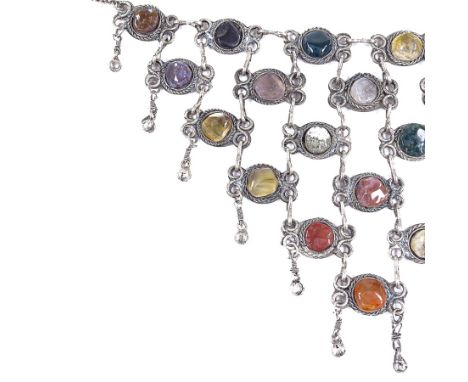 A Scottish unmarked white metal hardstone bid necklace, set with polished agate, jasper etc, necklace length 39cm, 93.5gGood 