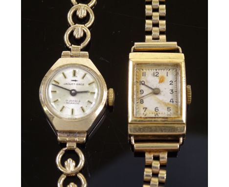 2 Vintage lady's 9ct gold cased mechanical wristwatches, including example by Jaquet-Droz, and 1 with 18ct gold case, largest