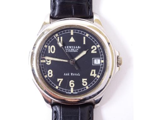 SEWILLS - a stainless steel Ark Royal military style automatic wristwatch, matte black dial with luminous Arabic numerals, da