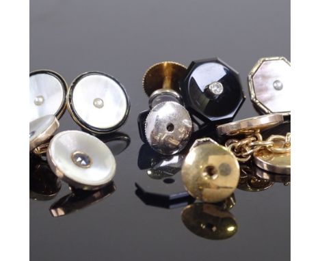 Various Art Deco 9ct and unmarked gold stone set cufflinks, dress studs and buttons, stones include sapphire, onyx, mother-of