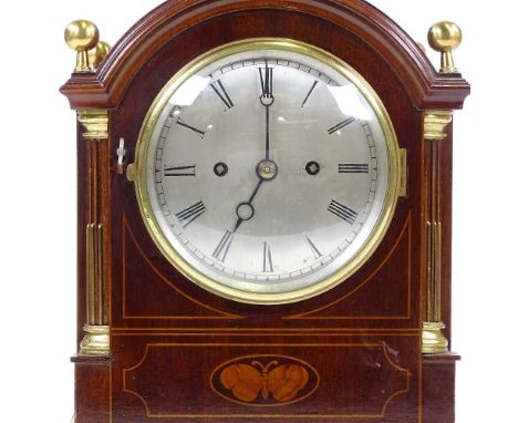 A 19th century mahogany and satinwood inlaid dome-top bracket clock, double fusee movement, striking on a bell, silvered dial