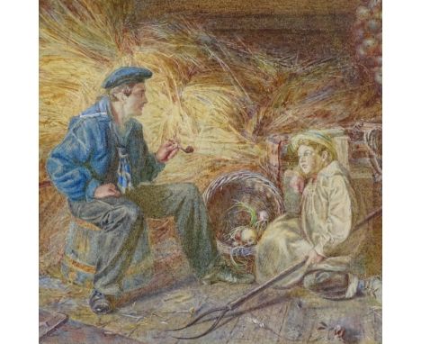 R B Wallace, 19th century watercolour, sailor and shepherd boy in a barn interior, signed, 9" x 13", framedGood condition 