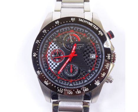 GP - a stainless steel quartz chronograph wristwatch, black racing dial with 3 subsidiary dials, date aperture and tachymeter