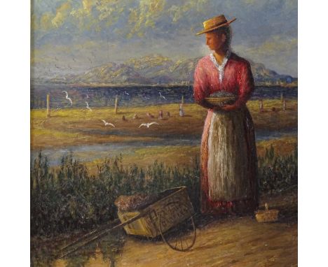 R Wailes, oil on board, woman on the coast, 1917, 16" x 12", framed 