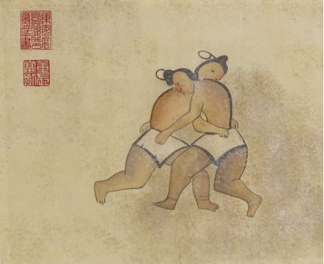 Japanese colour woodblock print, Sumo Wrestlers, image 12" x 16", framedSome damp marks 